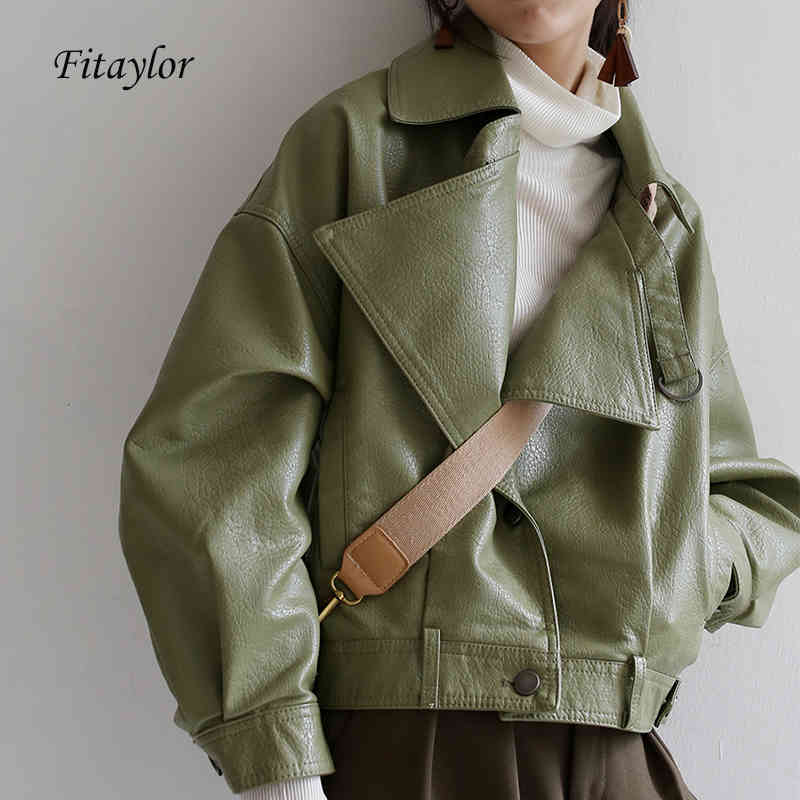 

Fitaylor Loose Pu Leather Batwing Sleeve Vintage Jacket Street Casual Outwear Ladies Biker Coat Multicolor, Beige