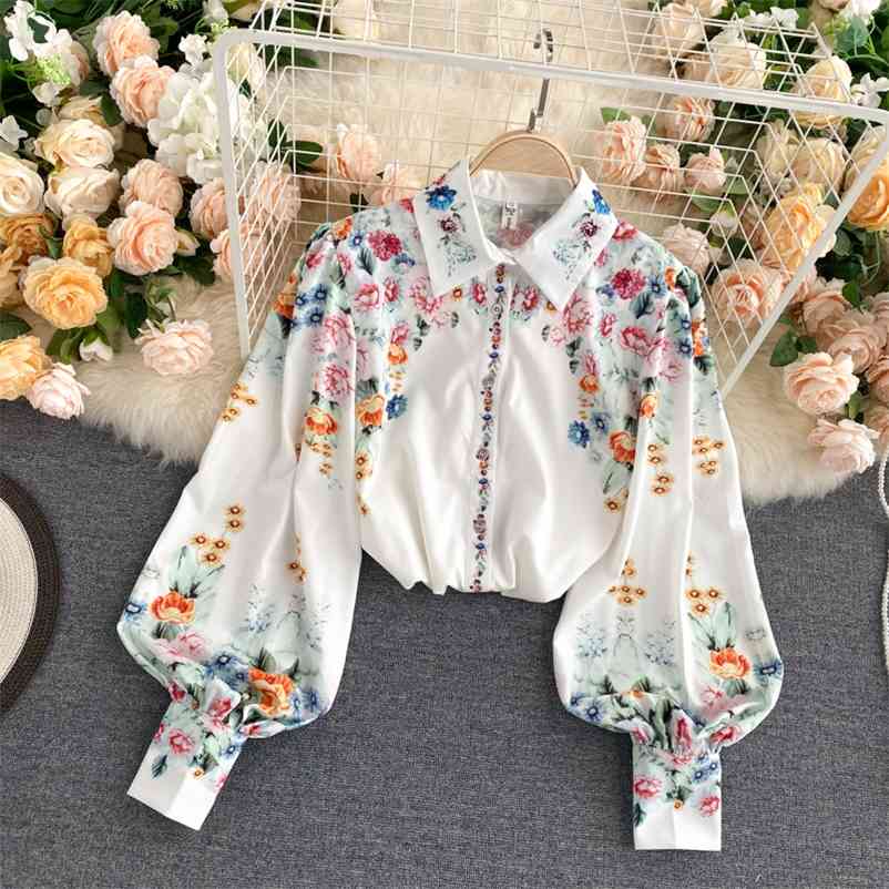

Woman shirts Spring Blouse Female Printed Lantern Sleeve Turn-Down Collar Loose Versatile Temperament Ladies Shirt 210519, White