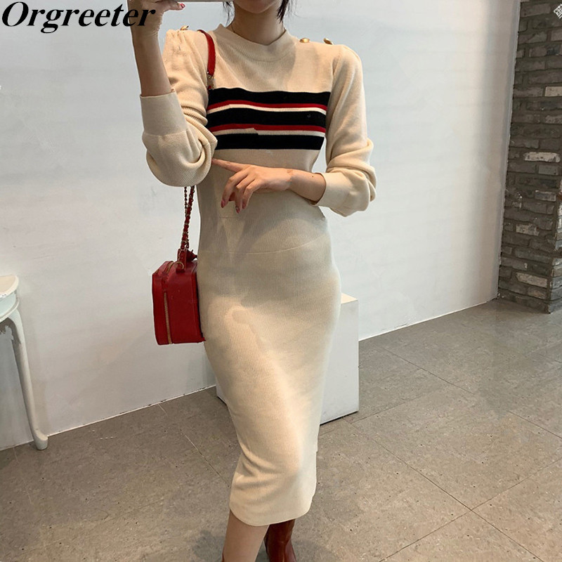 

Elegant O-neck Shoulder Button Deco Women Striped Contrast Sweater Dress OL Long Sleeve Knitted Knee-length Pullover 210525, Beige