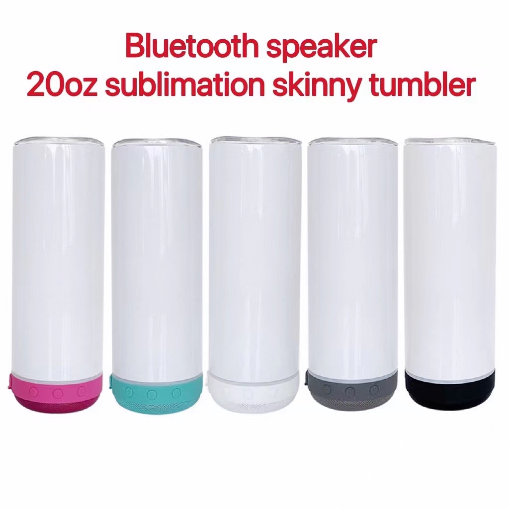 

20oz NEW Straight Sublimation Skinny Tumblers With Bluetooth Speaker Blank White Double Wall 304 Stainless Steel Insulated Coffee Mug B7, As option