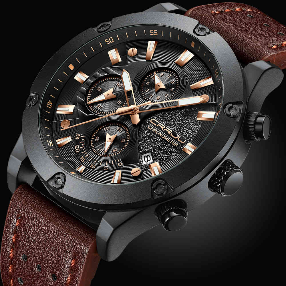 

CRRJU Fashion Watch Men Design Chronograph Big Face Quartz Wristwatches Men's Outdoor Sports Leather Watches orologio uomo 210517, Brown silver