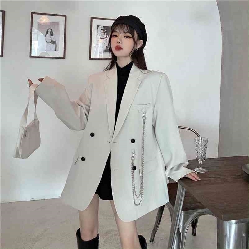 

High street elegant temperament chain blazer women autumn loose double breasted blazers casual female korean fashion outwears 210517, Creamy-white