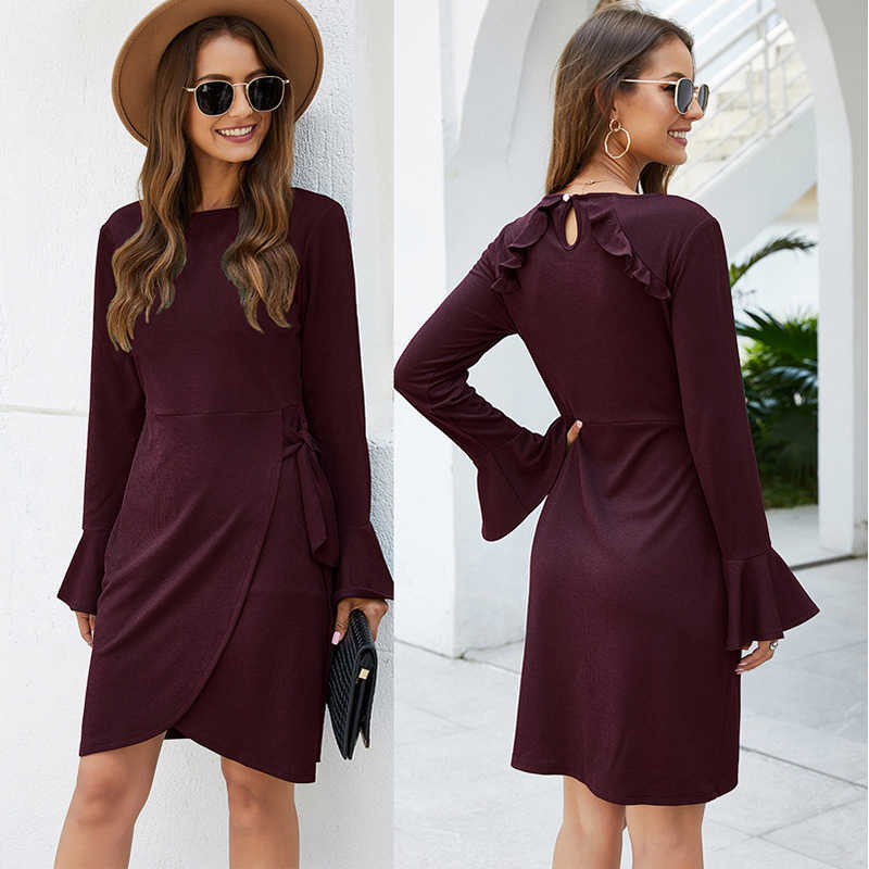 

Autumn Winter Women Dress Casual O Neck Flare Sleeve Irregular Mini es Fashion Back Ruffle Lace Up Slim Femme Vestido 210526, Green