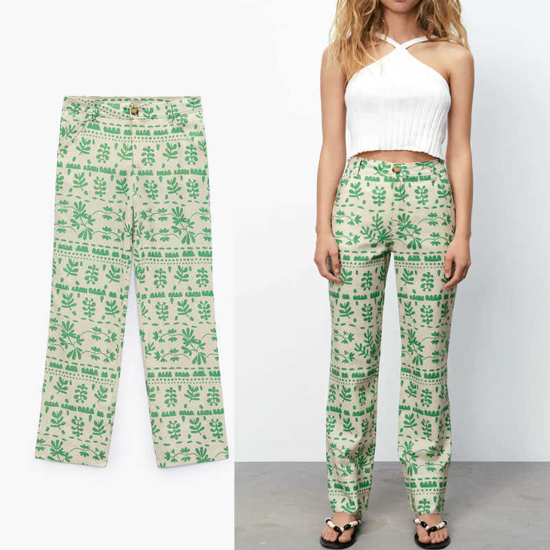 

Za Summer Print Linen Women Pants High Waist Vintage Green Trousers Fashion Pockets Front Zip Closure Woman Casual Pants 210602