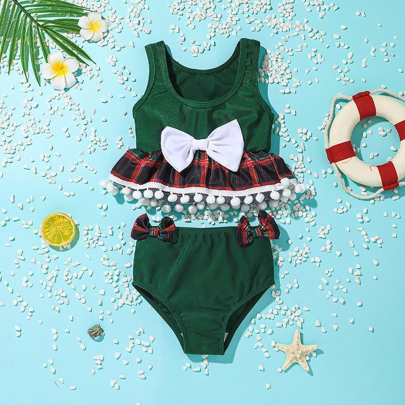 

One-Pieces Kids Clothes Girls Swimsuits Summer Baby Fashion Plaid Patchwork Sleeveless Top+Bow Shorts Suit 2022 Children's Clothing, Black