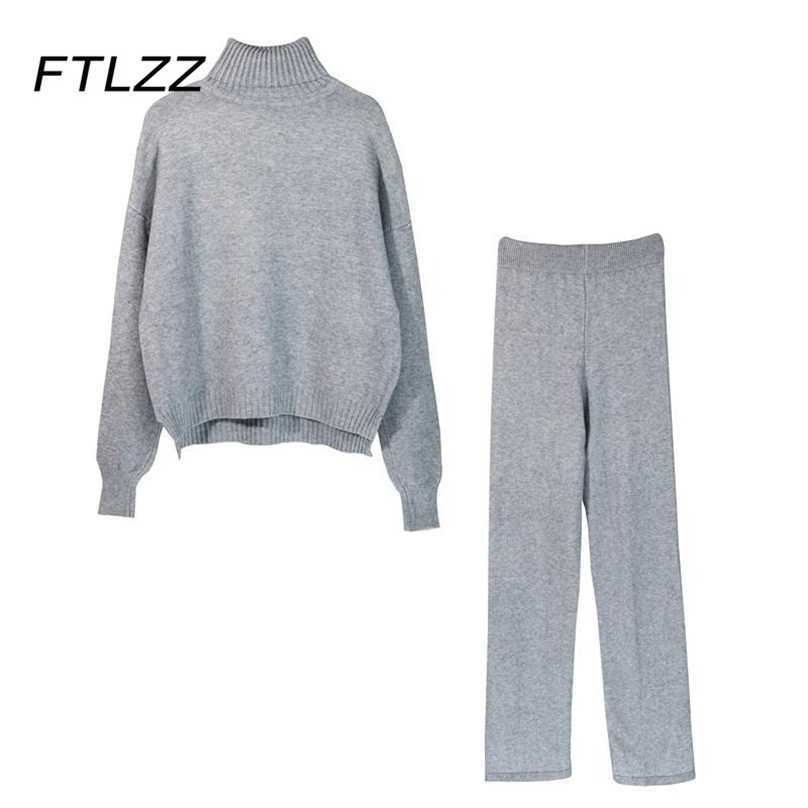 

Women Turtleneck Tracksuit Spring Autumn Two Piece Sets Korean Woman Knitted Set Streetwear Sportsuits 210525, Grey