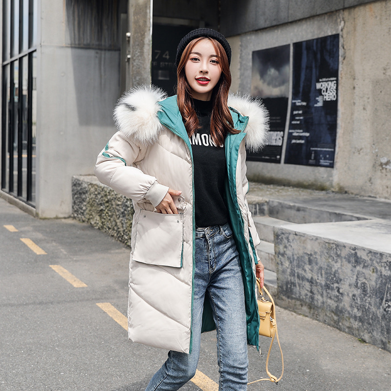 

down Winter Hooded Cotton Coats Women Casual With Fur Collar Pockets Color Patchwork Oversized Long Parkas, Black