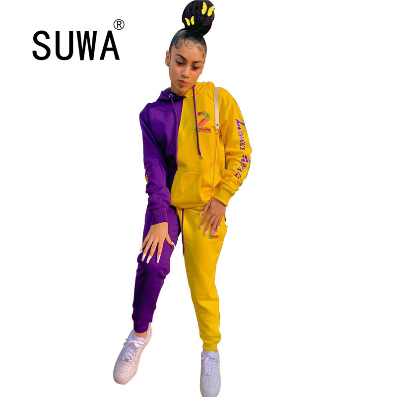

Contrast Patchwork Autumn Winter Clothes For Women Letter Printed Hoodies Sweatshirt Baggy Pants Joggers 2 Piece Set Lounge Wear 210525, Purple
