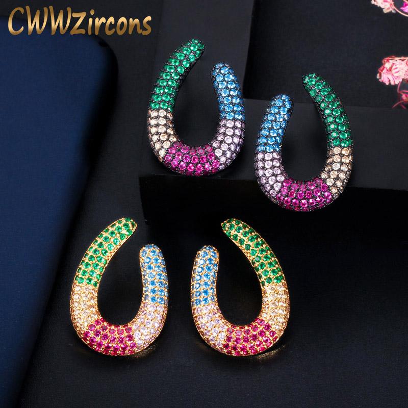 

Stud CWWZircons Designer Black Gold Color Round Big Rainbow CZ Earrings For Women Cute Micro Pave Cubic Zircon Jewelry CZ593, Golden;silver