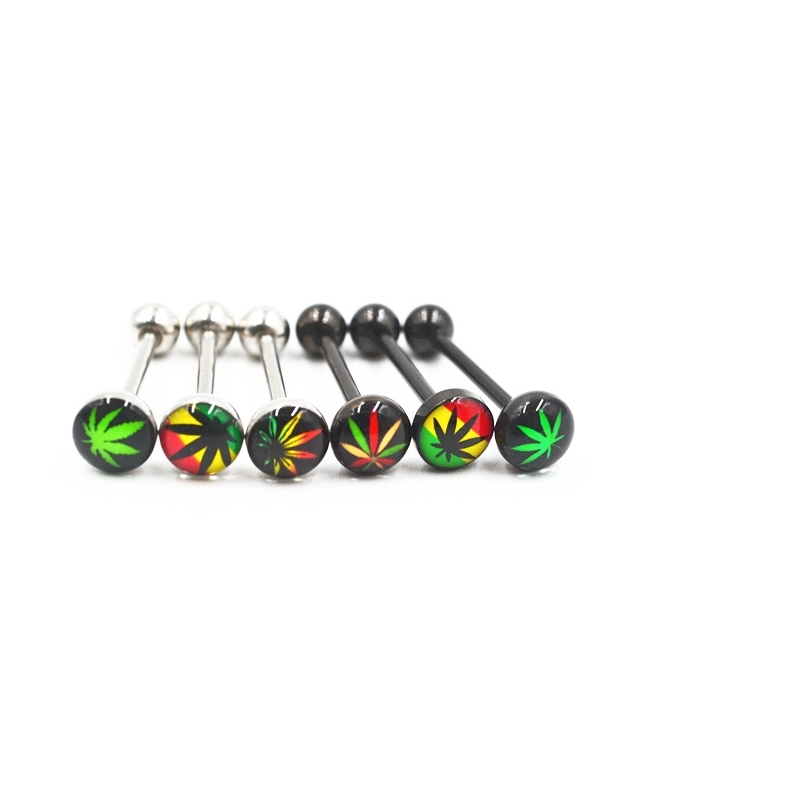 

50pcs Body Jewelry Piercing Pot Leaf Weed Tongue Ring Barbells Nipple Bar 14G~16mmx16mmx6mm Mix Nice Colors