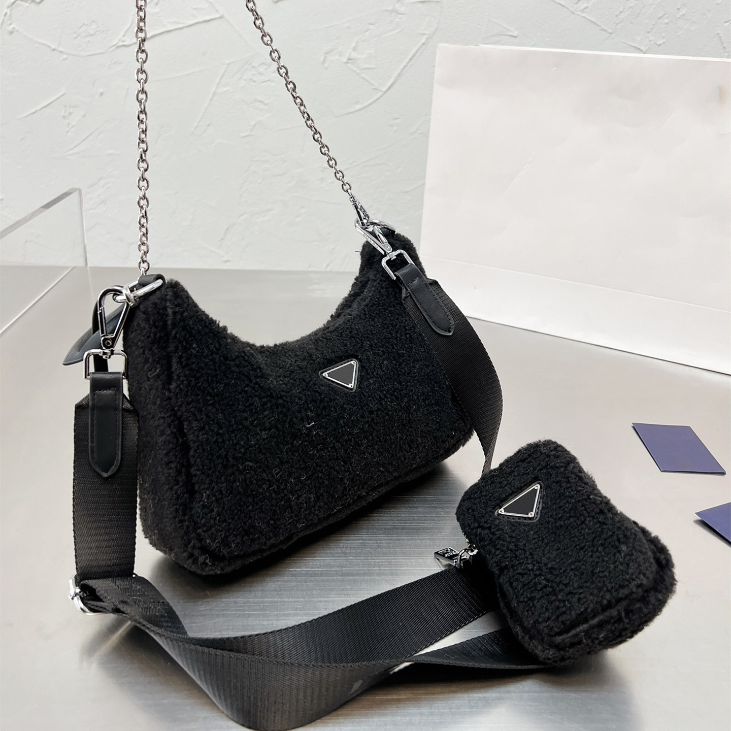 

fashion bag handbag cross body high quality woman shoulder bags woolen 3-in-one underarm bag wallet, White