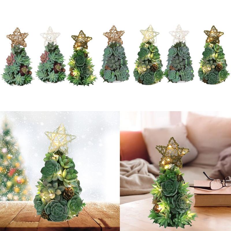 

Christmas Decorations Artificial Succulent Tree Ornament With LED Light Bonsai Home Desktop Miniatures DIY Xmas Decoration Fake Plants Gifts