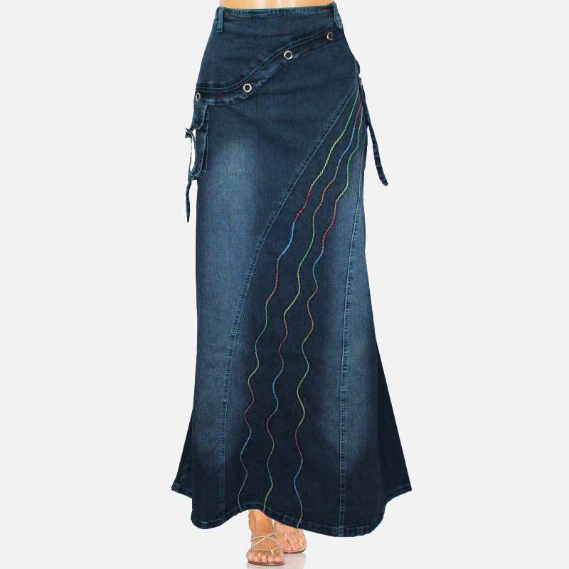 

Women's Irregular Ruffles Denim Long Skirts Female High Waist Pocket Mermaid Big Hem Jean 2021 Vintage Plus Size 3xl Skirt, Black