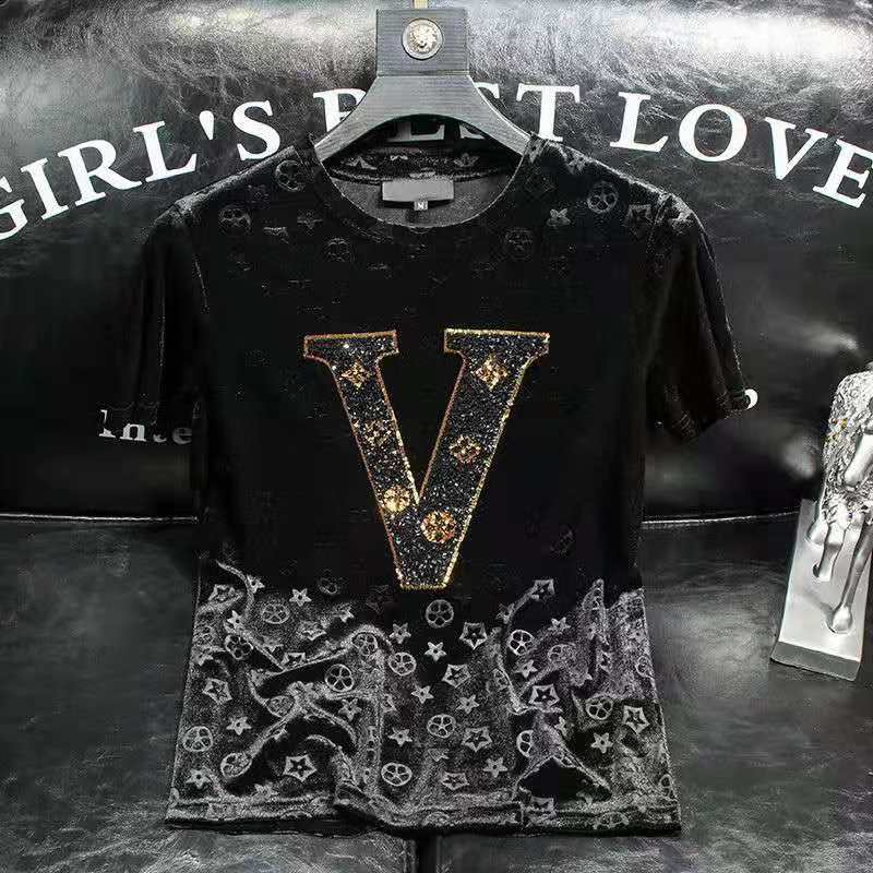 

men's t shirts 2021 summer tide brand ins trend gold velvet personality embroidery round neck slim short sleeve t-shirt, White;black