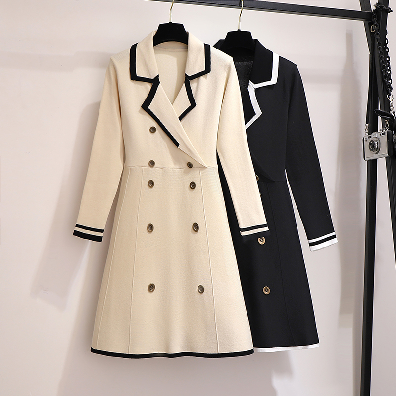 

2021 autumn office notched double-breasted knitted sweater dress women pullover hit color long sleeve elegant a-line dresses, Black;gray