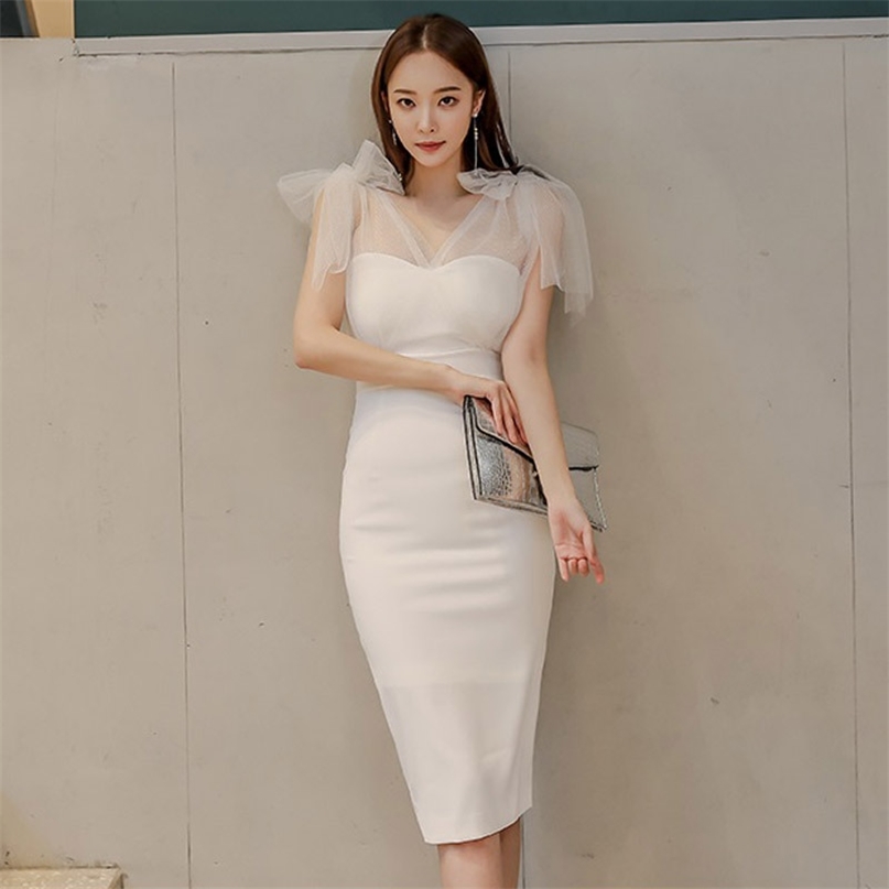 

Sexy Bodycon Dress Women Fashion Perspective Mesh Bowtie Shoulder Sleeveless Summer Slim Fit White Party Vestidos 210603