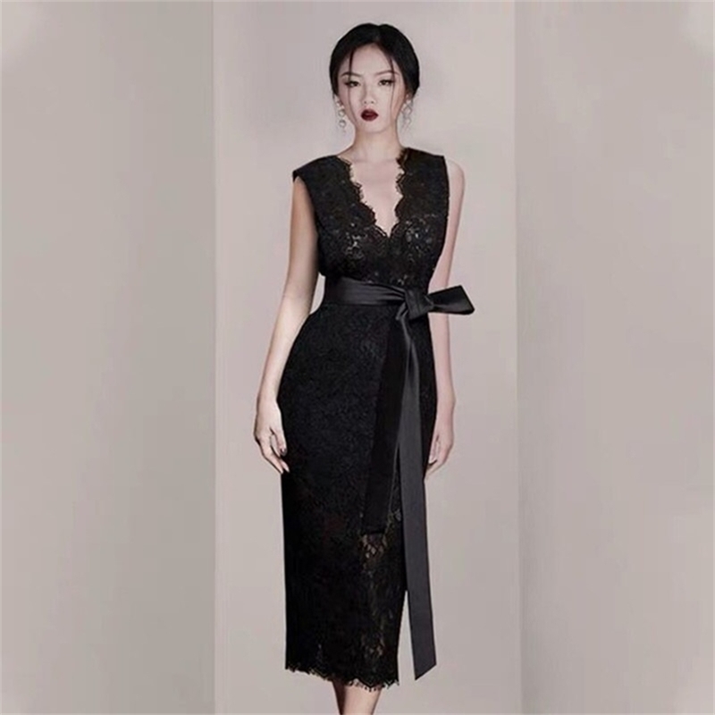 

Summer Women Party Dress Floral Lace Sashes Sleeveless Midi V Neckline Sexy Lady Fashion Slim 210603, Picture color