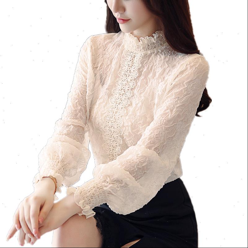 

womens blouses women lace embossing spliced ear chiffon shirt lantern sleeve casual ruffles blouse shirts blusas, White