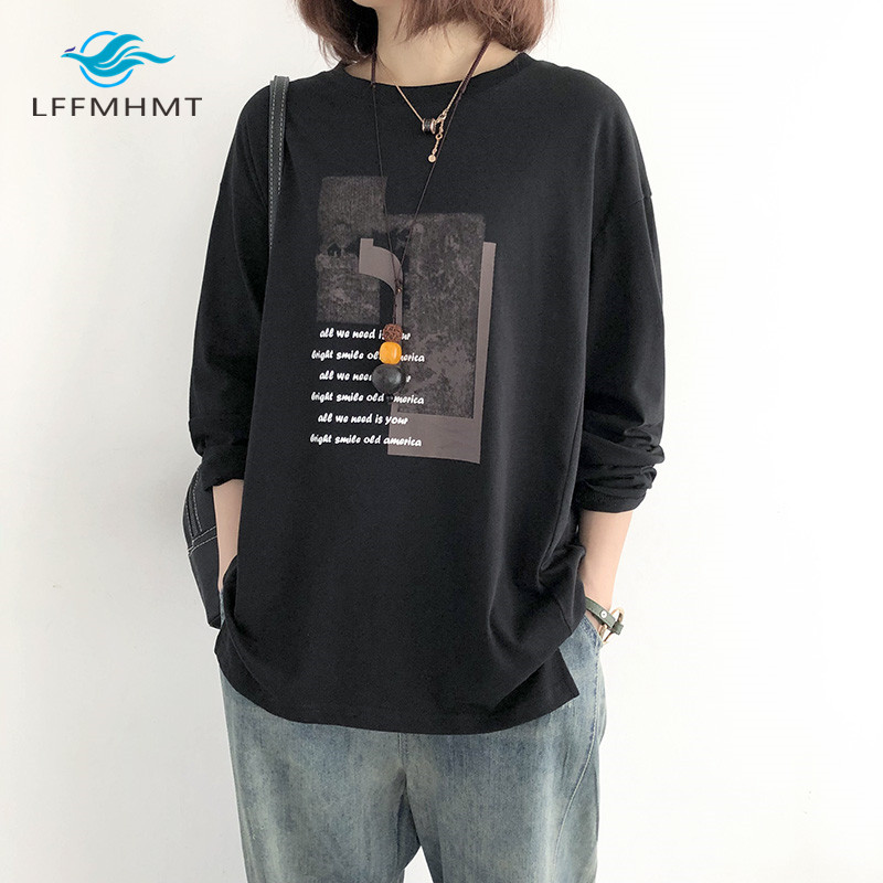 

Women Spring And Autumn Fashion Brand Korea Style Letter Print Cotton Long Sleeve T-shirt Female Casual Loose Tee Tshirts Cloth, Black