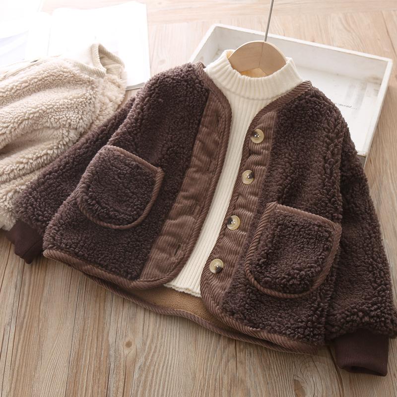 

Jackets 2022 Fall Winter Korean Boys Clothes For Girls Cardigan Granular Velvet Loose Lamb Warm Children's Jacket Coat, Mx748 brown