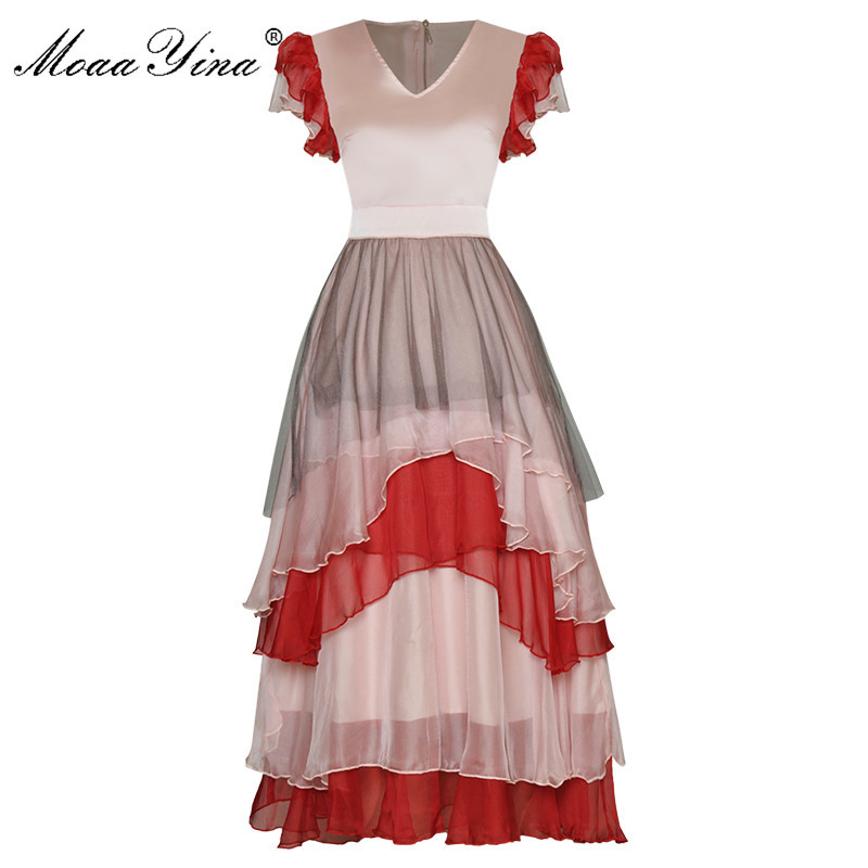 

Fashion Runway dress Summer Women' Dress Butterfly Sleeve V-neck Cascading Ruffle Elegant Party Dresses 210524, Red