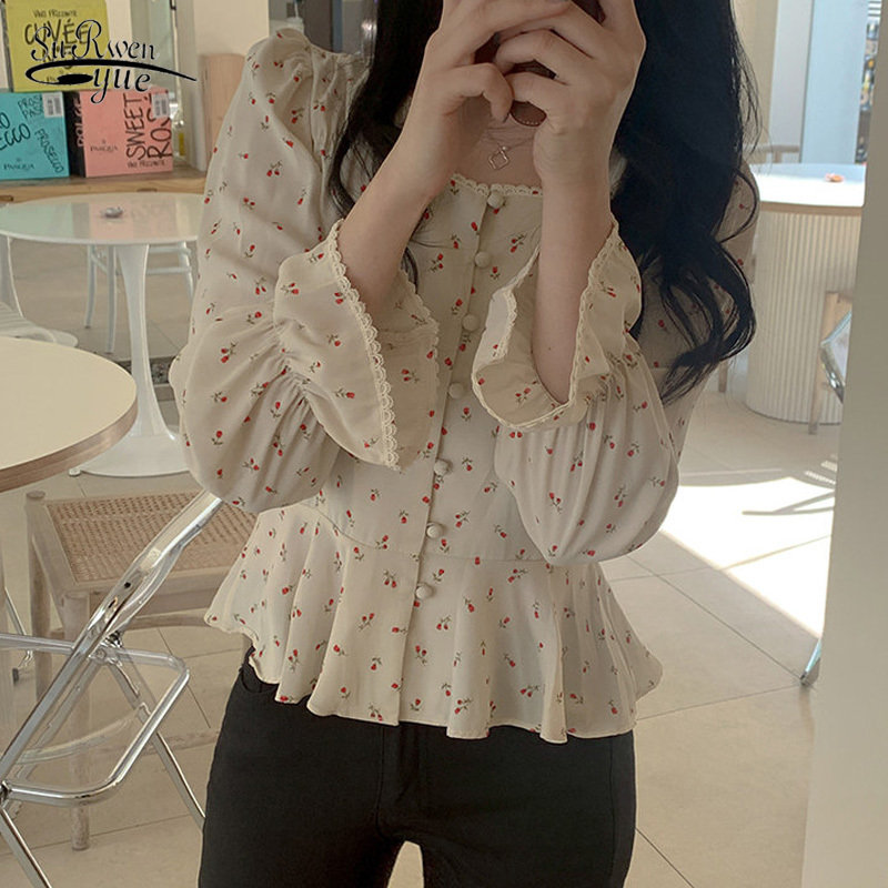 

Vintage Floral Chiffon Blousesblusas Mujer De Moda Korean All Match Slim Street Wear Cute Long Sleeve Shirts Women 10111 210521, Apricot