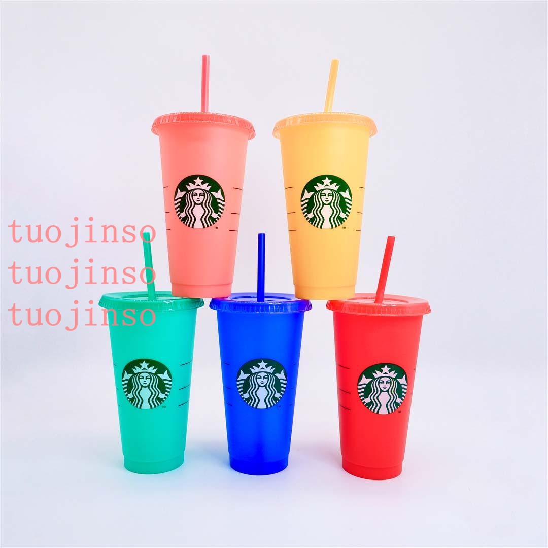 

starbucks 24OZ Color Change Tumblers Plastic Transparent Drinking Juice Cup With Lip And Straw Magic Coffee Mug Costom color changing 5pcs