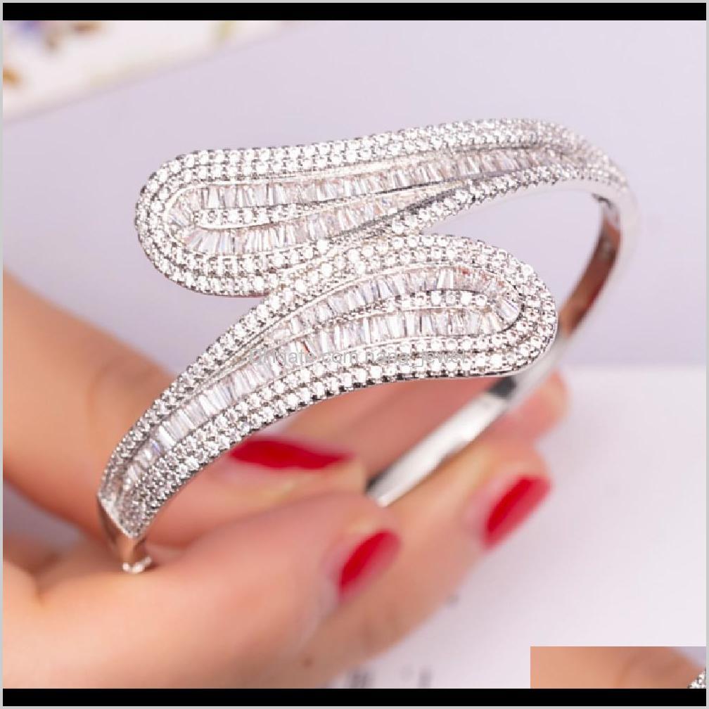 

Bracelets Jewelry Drop Delivery 2021 Luxury Leaf Bracelet Channel Pave Setting Square Cz White Gold Plated Engagement Bangle For Women Weddin