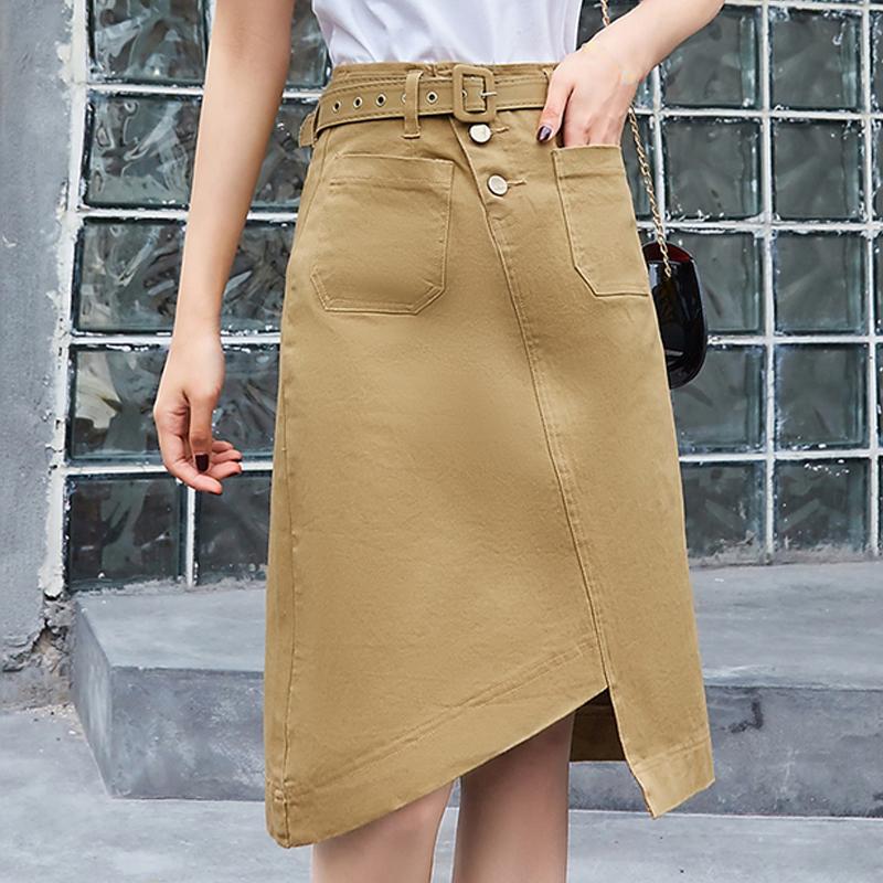 

Skirts 2021 Spring Summer Casual Womens High Waist Irregular Khaki Black Denim Skirt , Woman Female Korean Style Jean With Belt
