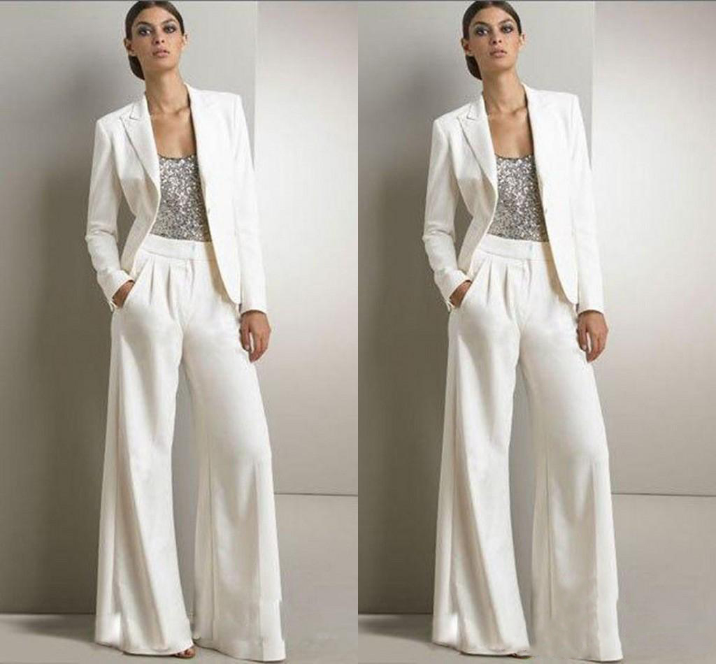 

New Bling Sequins Ivory White Pants Suits Mother Of The Bride Dresses Formal Chiffon Tuxedos Women Party Wear New Fashion Modest