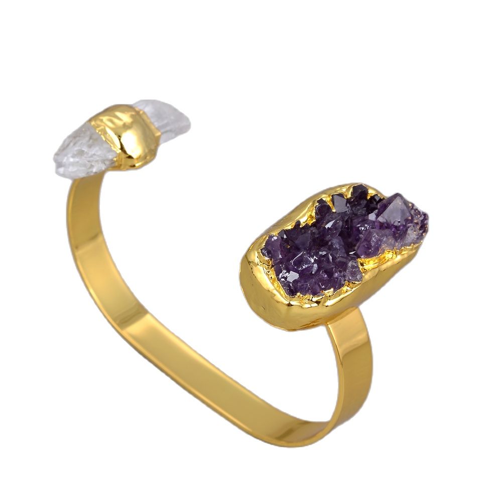 

GuaiGuai Jewelry Natural Amethsyts Druzy White Quartz Bangle Gold Color Electroplated Bracelet Adjustable Women Lady Fashion Jewelry Lady Fashion Jewellry