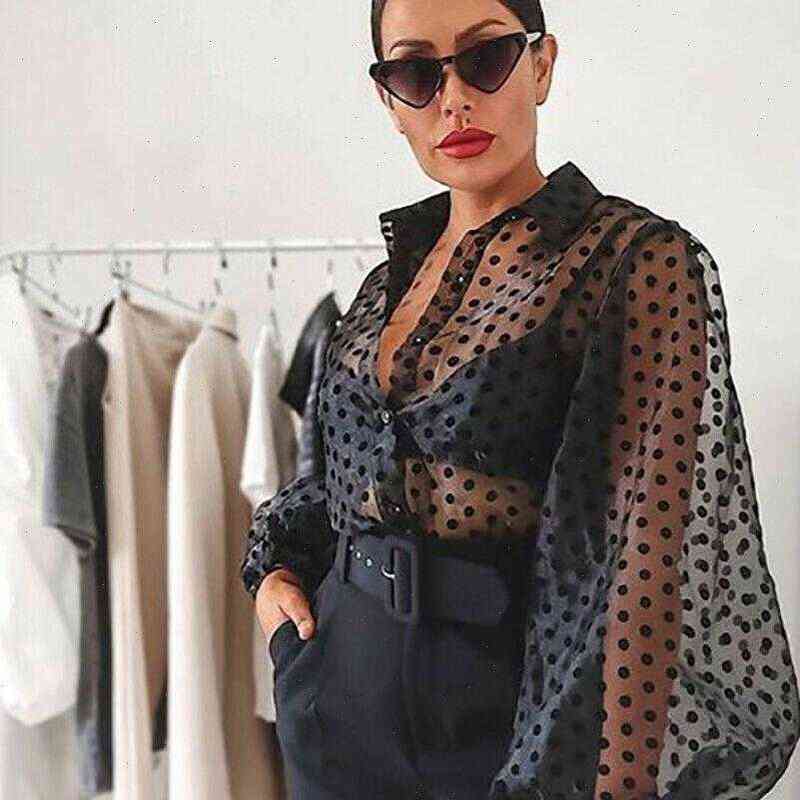 

womens blouse blouses shirt polka dot puff long sleeve mesh sheer see through transparent fashion plus size female casual top, White
