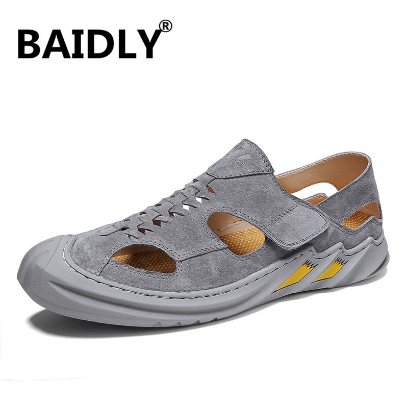 

Sandals High Quality Handmade Men Genuine Leather Beach England Style Male Cow Sandalia Masculina, Black