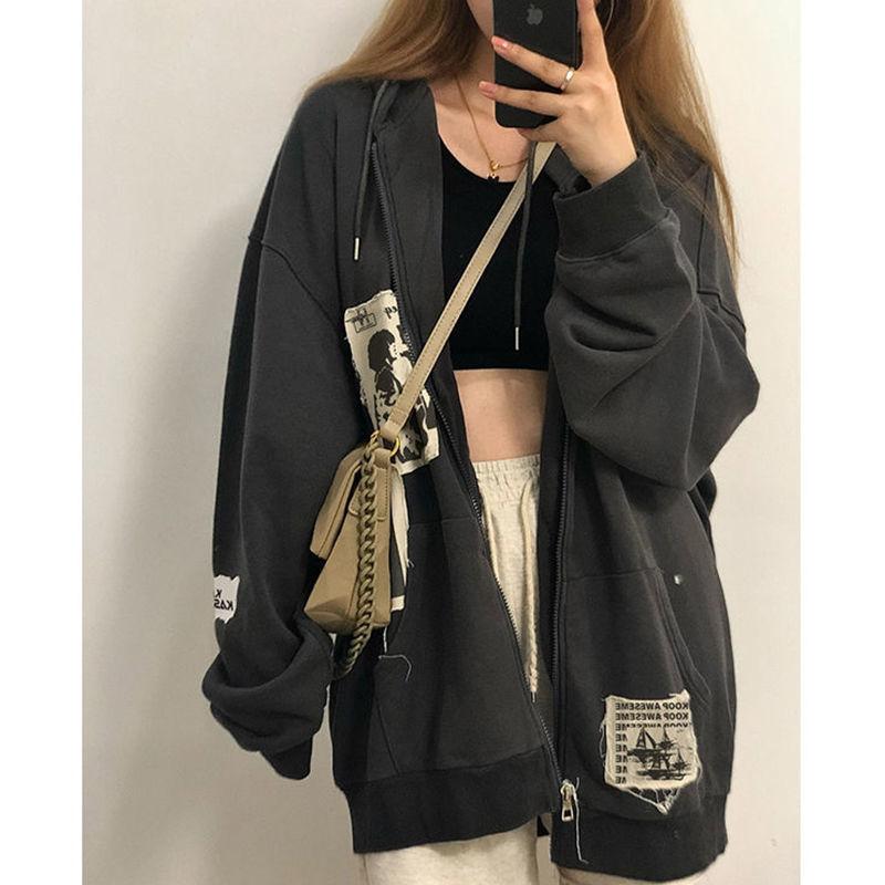 

Women's Hoodies & Sweatshirts Grunge Gothic Oversized Gray Women Hoodie E Girl Patchwork Black 90s Vintage Style Autumn Zip-up Crop