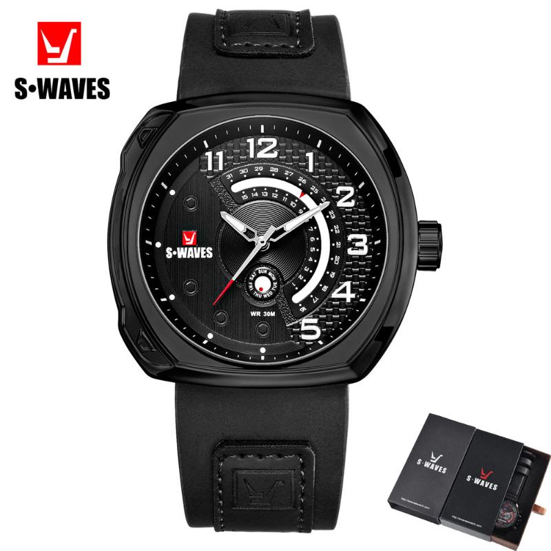 

Wristwatches SWAVES Leather Wristwatch Mens Water Resistant Army Quartz Analog Watch Men With Box Unique Week Relojes Hombre Drop, Black gold
