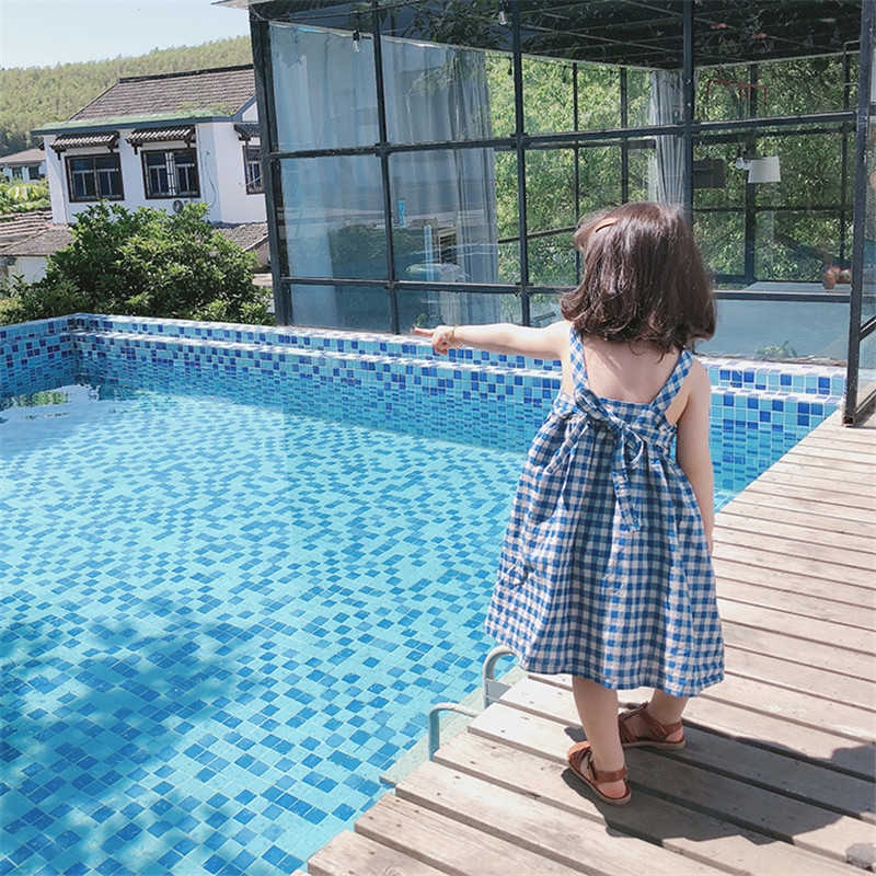 

korean style Cotton Linen Baby Girls Princess Dress Summer Plaid Sleeveless Clothes Kids Casual Dresses 210615, Blue