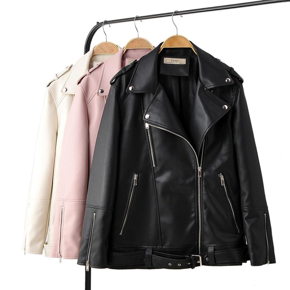 

2021 Brand New Autumn Women Faux Leather Jacket Casual Loose Soft Pu Motorcycle Punk Leather Coat Female Zipper Rivet Outerwear, Am2021 beige