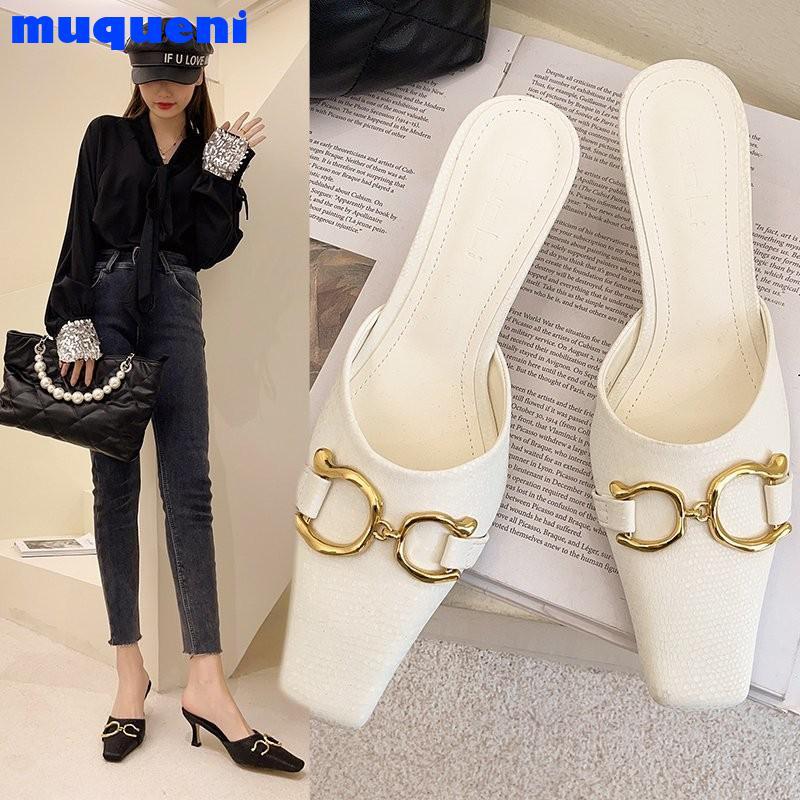 

Slippers 2021 Fashion Women Slipper Brand Metal Buckle Slip On Mules Thin High Heels Square Toe Shallow Slides Party Pumps, Black