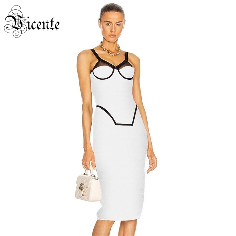 

Trendy Color Block Slip Dress Mesh Splicing Design Celebrity Party Club Bandage Vestido Free 210520, Multi