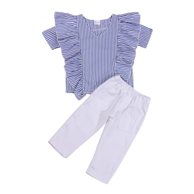 

Clothing Sets 2-7Y Fashion Children Kid Girls Summer Clothes 2pcs Ruffle Blue Stripe Short Sleeve Shirt Tops Casual Long Pants, White