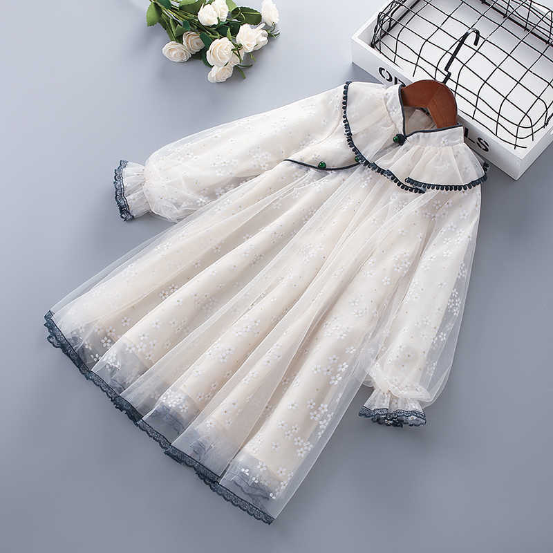 

3-7 years High Quality Spring Girl Dress Casual Chiffon Flower Draped Ruched Kid Children Clothing Princess 210615, Beige