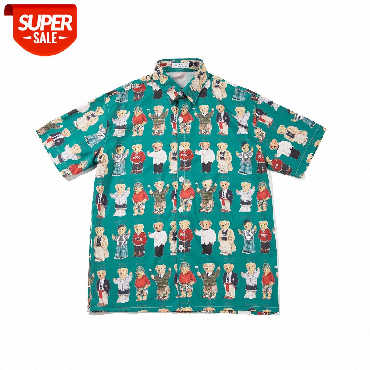 

Japanese retro fun bear full print shirt loose oversize couple casual flower #k42B, White;black