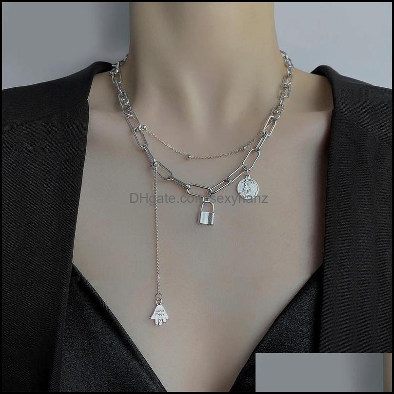 

& Pendants Vsnow Double Layer Lock Coin Medallion Pendant Necklace For Women Punk Chunky Chain Letter Hand Jewelry Aessories Necklaces Drop
