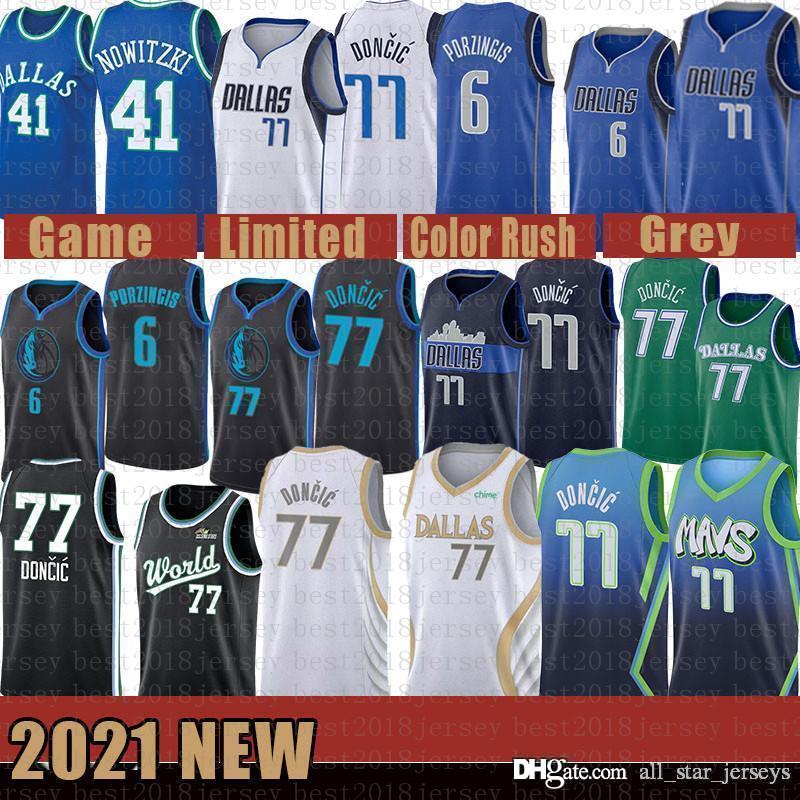 

2021 New Basketball Jersey Dallas Mavericks Mens Luka Kristaps 6 Porzingis 77 Doncic Dirk 41 Nowitzki Mesh Retro Brown mens, Black;red