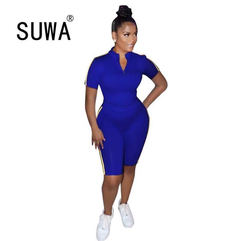 

Sexy Fitness Wear Sports Women Two Piece Sets Clothing Short Sleeve Pullover T-Shirt Biker Shorts Summer Arrival 210525, Black