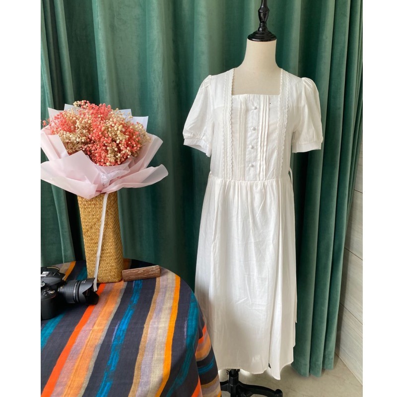 

Casual Dresses Boutique high quality lace patchwork lacing square collar sleeve feminie white lolita mori girl summer KNGH