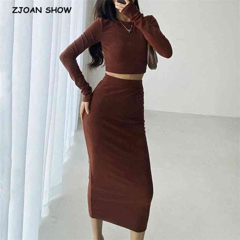 

Vintage Long Sleeve T-shirt Sexy Women Bodycon Package Hips Midi Skirt Crop Top Short Pullover Tee Tops 2 Pieces Set 210429, Black