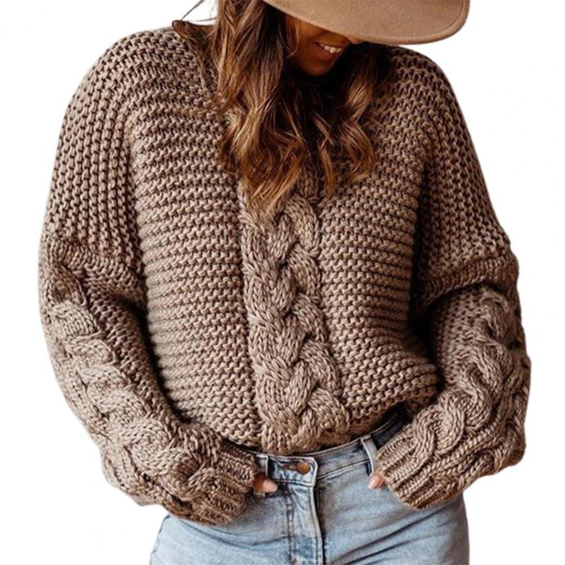 

Women' Sweaters Office Lady Sweater Women Jumpers Solid Color Twist Pattern Autumn Winter Crew Neck Warm Pullover Tops For Daily Wear, Brown