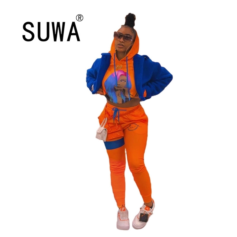 

K-Pop Style Cool Girl High Street Fashion Women Tracksuit 2 Pieces Matching Sets Print Hoodies Sweatshirt Top Dance Baggy Pants 210525, Orange
