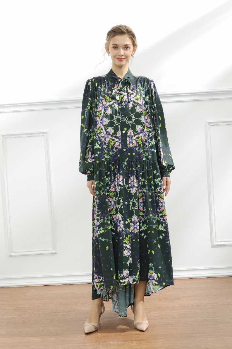 

Autumn Puff Sleeves Slim Chiffon Medium and Long Printed Casual Pullover Loose Waist Dress Green Women's Dresses 210615, Photo color